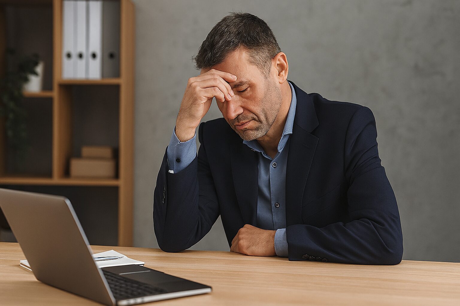 A man sitting at a table with his hand on his head.